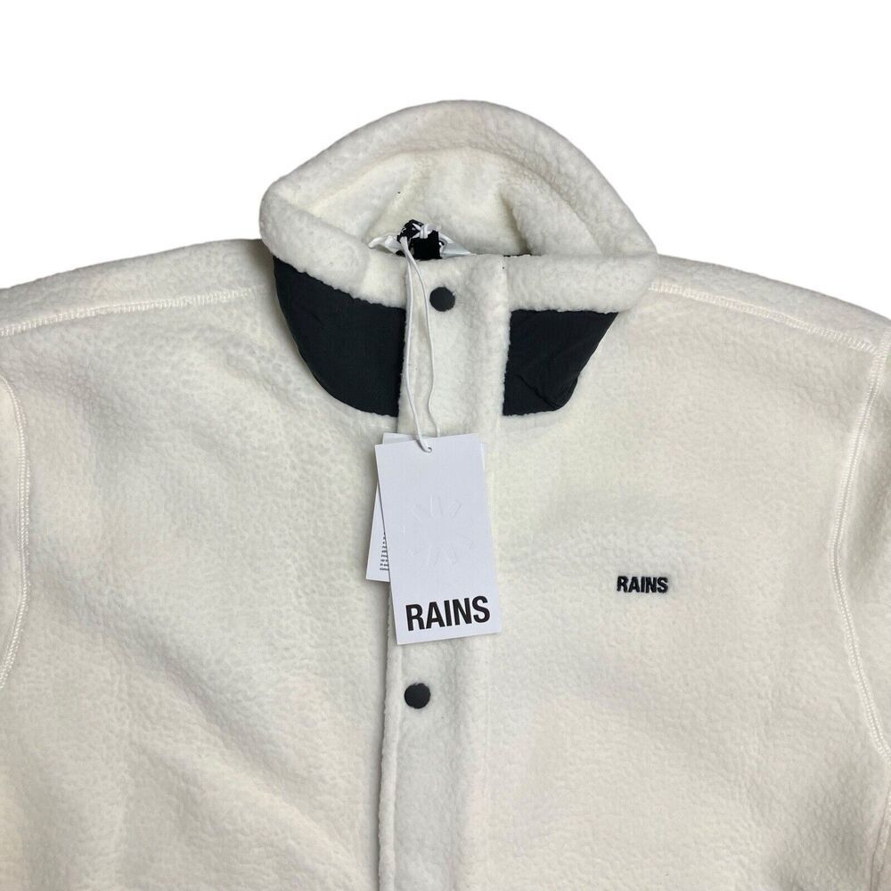 RAINS Heavy Fleece Jacket WMNS XL White Long Snap Button Up Boxy Teddy Fossil - Picture 12 of 13